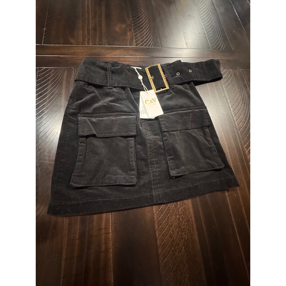 Chelsea & Violet Black Corduroy Belted Cargo Mini Skirt Gold Buckle Size S NWT